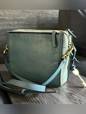 Fossil ZB7295 Moss/Sage Leather Crossbody Bag Key Charm Suede Panels Mini Purse